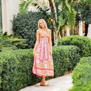 FARM Rio Pink and Orange Floral Midi Dress